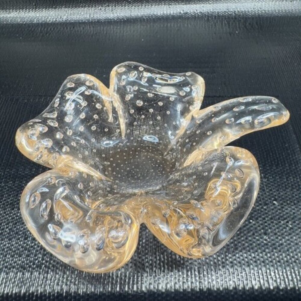 Murano Art Glass Controlled Bubbles Light Pink‎ Leaf Clover Heavy Dish Bowl VTG